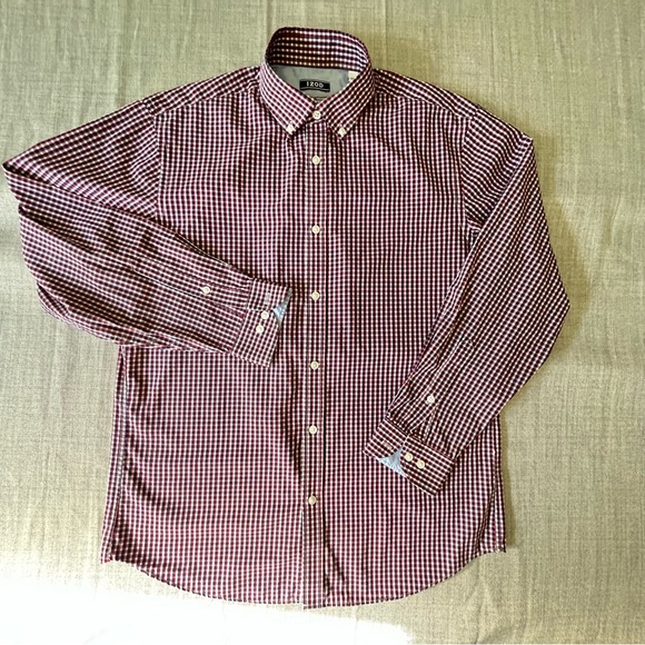 Izod Dress Shirt Mens Size Small 15.5 Slim Fit Red White Blue Gingham Checkered - Picture 2 of 15